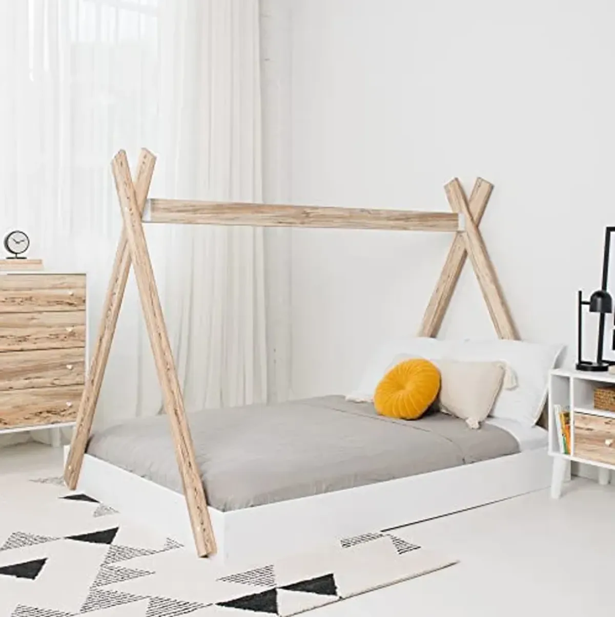 Signature Design by Ashley Piperton Contemporary Youth/Toddler Floor Tent Bed Frame, Full, Natural Wood & White