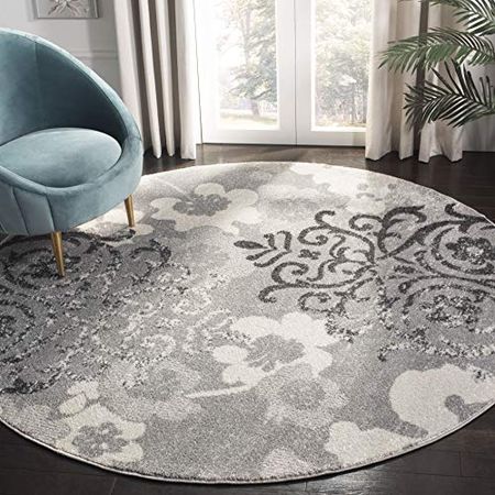 SAFAVIEH Adirondack Collection 5' Round Silver/Ivory ADR114B Floral Glam Damask Distressed Non-Shedding Living Room Dining Bedroom Foyer Area Rug