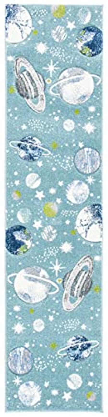 SAFAVIEH Carousel Kids Collection 2' x 8' Teal/Ivory CRK103J Outer Space Non-Shedding Playroom Nursery Bedroom Runner Rug
