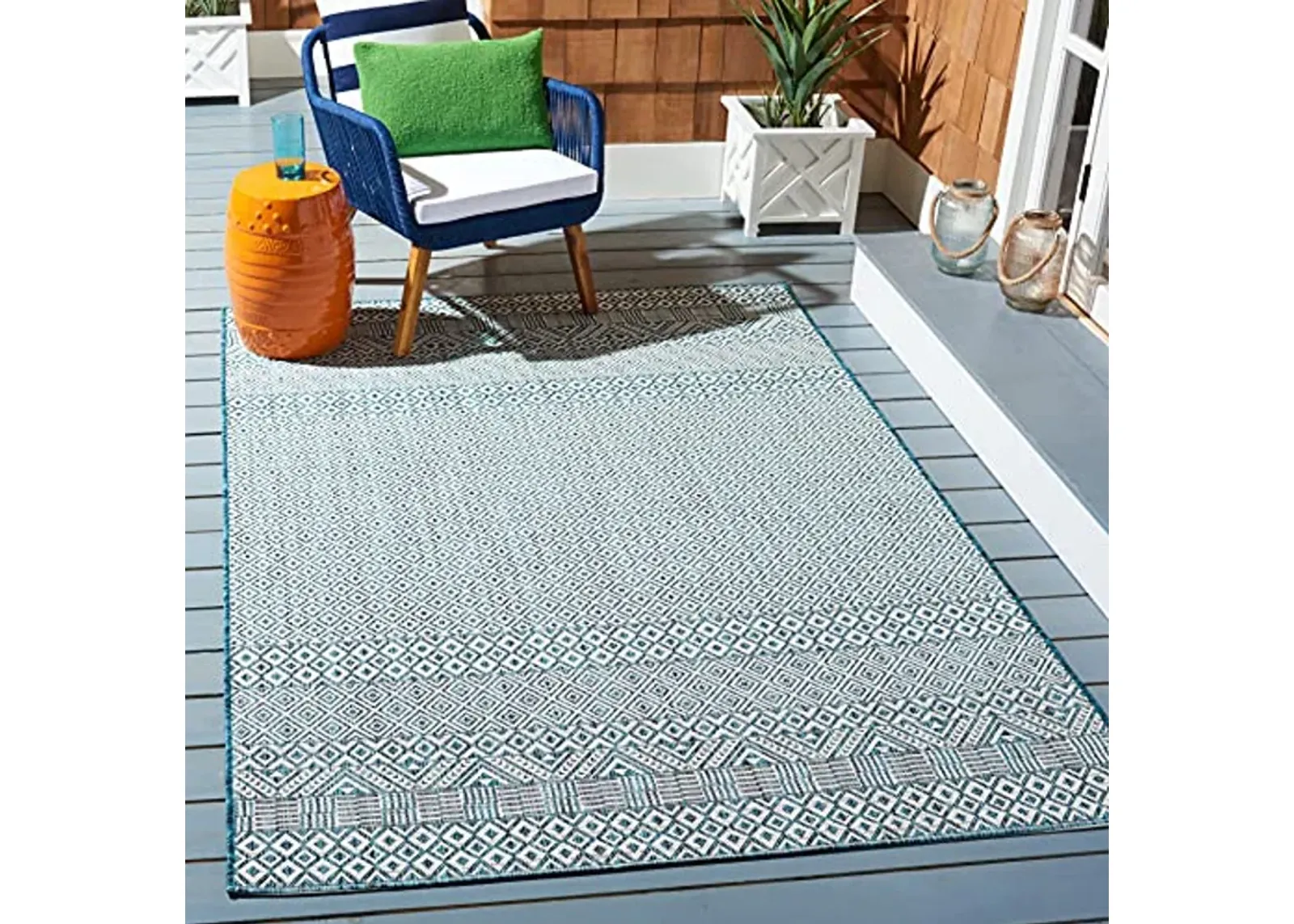 SAFAVIEH Courtyard Collection 5'3" x 7'7" Ivory/Aqua CY8235 Indoor-Outdoor Waterproof Easy-Cleaning Patio Backyard Mudroom Area-Rug