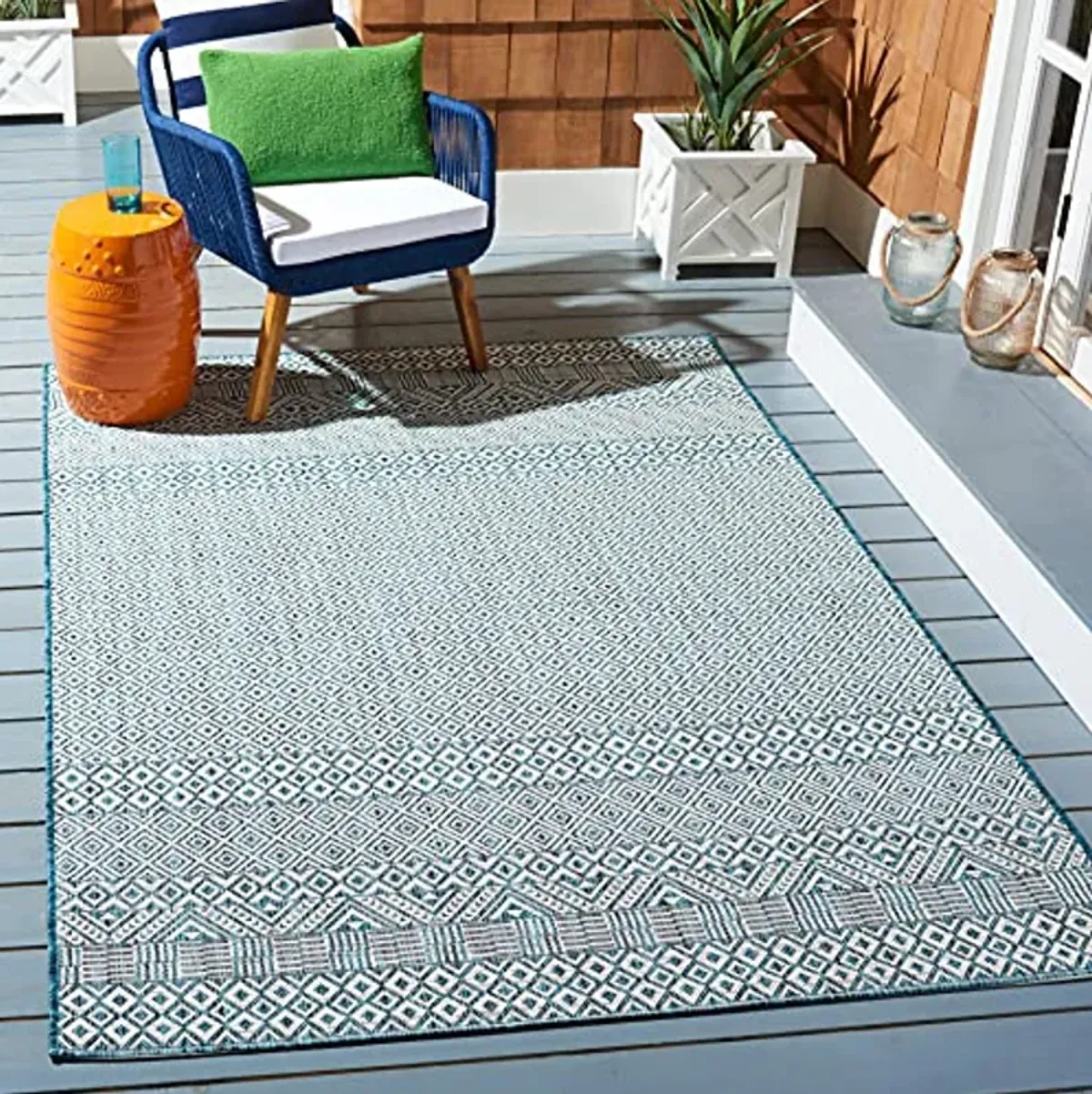 SAFAVIEH Courtyard Collection 5'3" x 7'7" Ivory/Aqua CY8235 Indoor-Outdoor Waterproof Easy-Cleaning Patio Backyard Mudroom Area-Rug