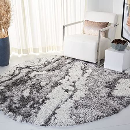 SAFAVIEH Horizon Shag Collection 5' Round Grey/Ivory HZN890F Modern Abstract Non-Shedding 2-inch Thick Living Room Dining Bedroom Foyer Area Rug