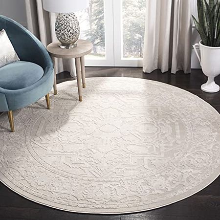 SAFAVIEH Reflection Collection 5' Round Cream/Ivory RFT665D Boho Tribal Distressed Living Room Dining Bedroom Foyer Area Rug