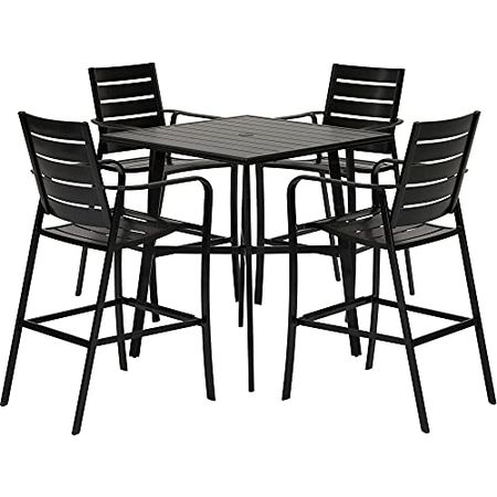 Hanover Cortino 5-Piece Commercial-Grade Counter-Height Dining Set with 4 Aluminum Back Chairs and a 38-in. Slat-Top Table, Gray