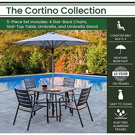 Hanover CORTDN5PCS-SU Cortino 5-Piece Commercial-Grade Set with 4 Aluminum Dining Chairs, 38-in. Slat Table, 7.5-ft. Umbrella and Stand, Gray