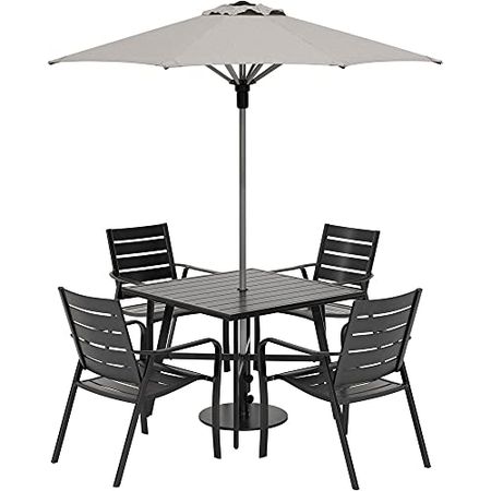 Hanover CORTDN5PCS-SU Cortino 5-Piece Commercial-Grade Set with 4 Aluminum Dining Chairs, 38-in. Slat Table, 7.5-ft. Umbrella and Stand, Gray