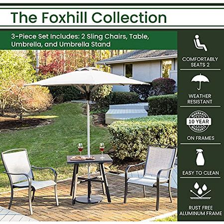 Hanover FOXDN3PCS-G-SU Foxhill 3-Piece Commercial-Grade Set with 2 Sling Dining Chairs, 30-in. Square Slat-Top Table, 7.5-ft. Umbrella and Base, Beige