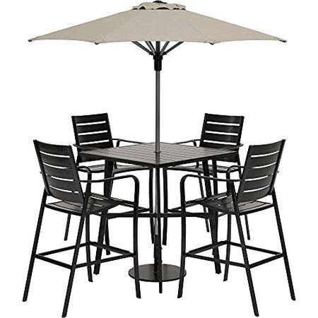 Hanover Cortino 5-Piece Commercial-Grade Counter-Height Dining Set with 4 Chairs, 38-in. Slat-Top Table, 7.5-ft. Umbrella and Stand, Gray
