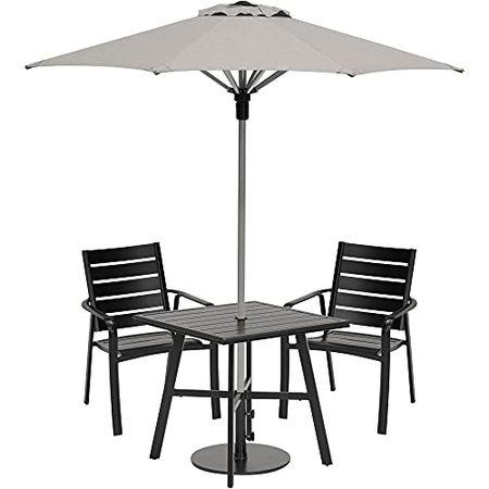 Hanover CORTDN3PCS-SU Cortino 3-Piece Commercial-Grade Set with 2 Aluminum Back Dining Chairs, 30-in. Slat-Top Table, Umbrella, Stand, Gray