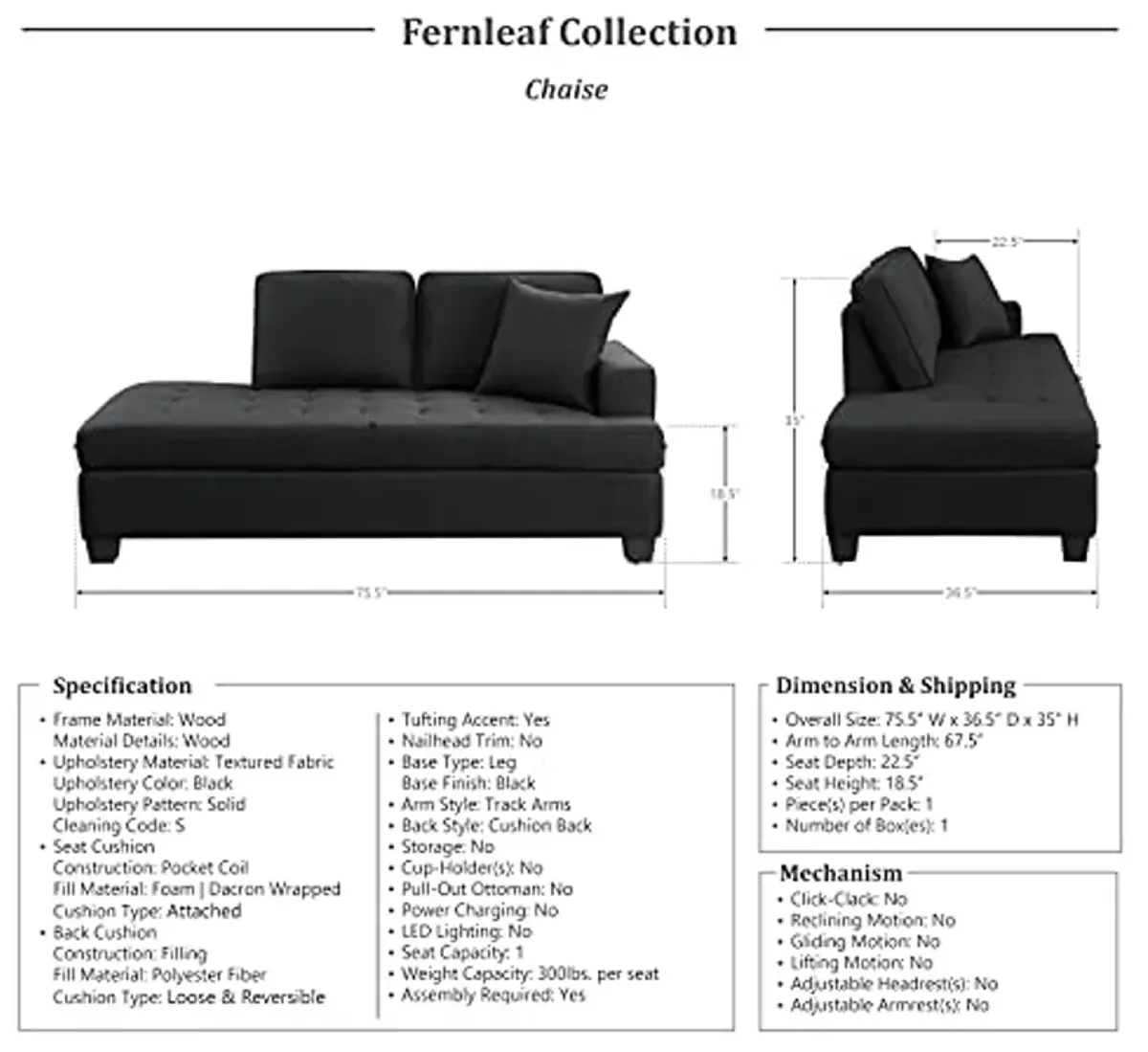 Lexicon Fernleaf Chaise Lounge, Black