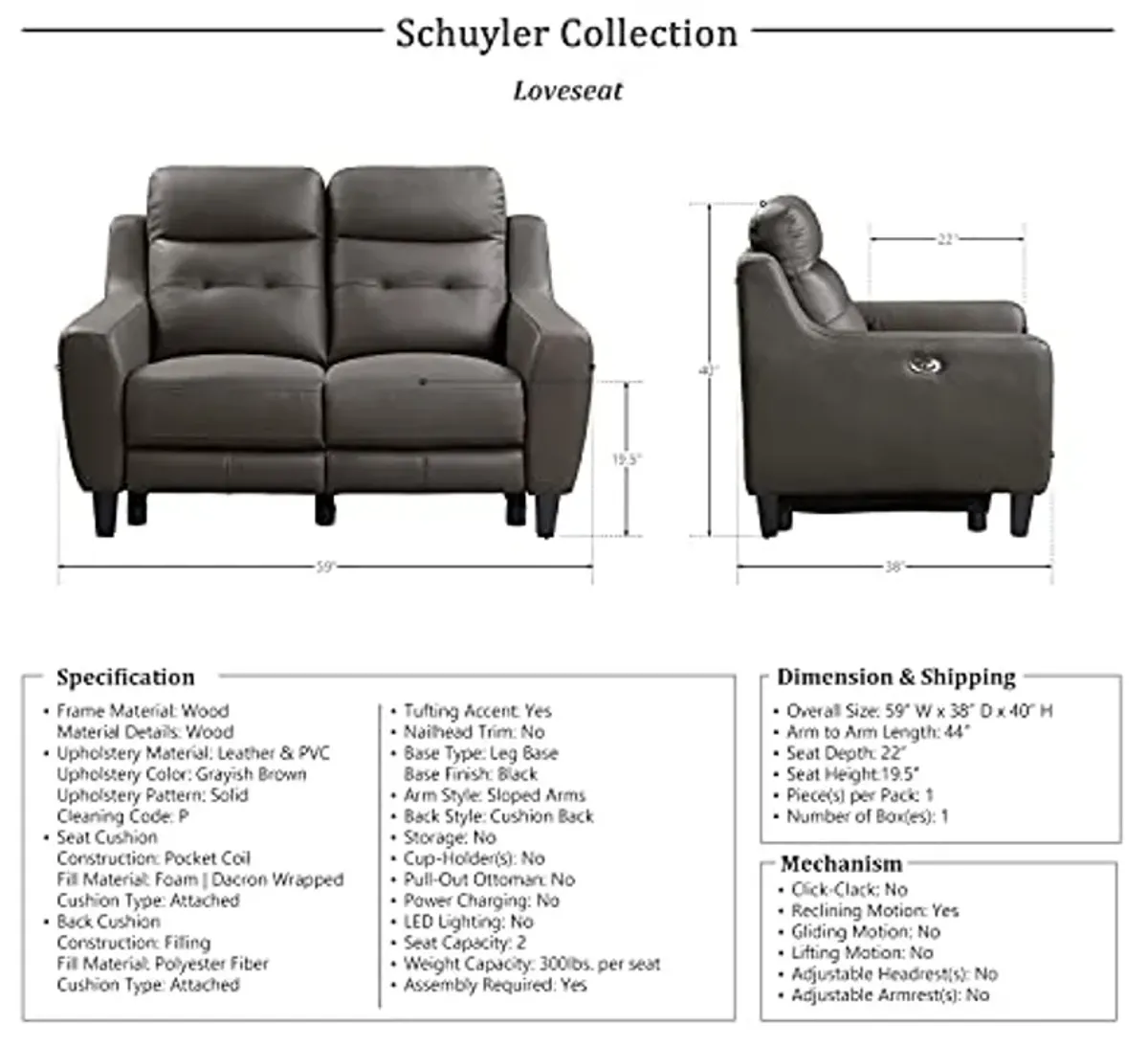 Lexicon Schuyler 2-Piece Power Reclining Living Room Set, Grayish Brown