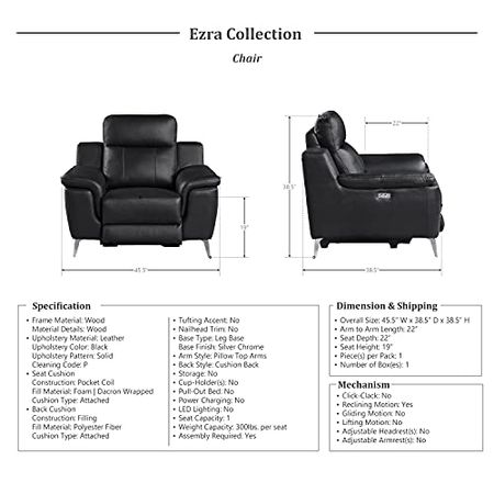 Lexicon Ezra 3-Piece Leather Power Reclining Living Room Set, Black