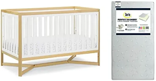 Delta Children Tribeca 4-in-1 Baby Convertible Crib + Serta Perfect Slumber Dual Sided Recycled Fiber Core Crib & Toddler Mattress-Waterproof,Hypoallergenic,GREENGUARD Gold Cert., Bianca White/Natural