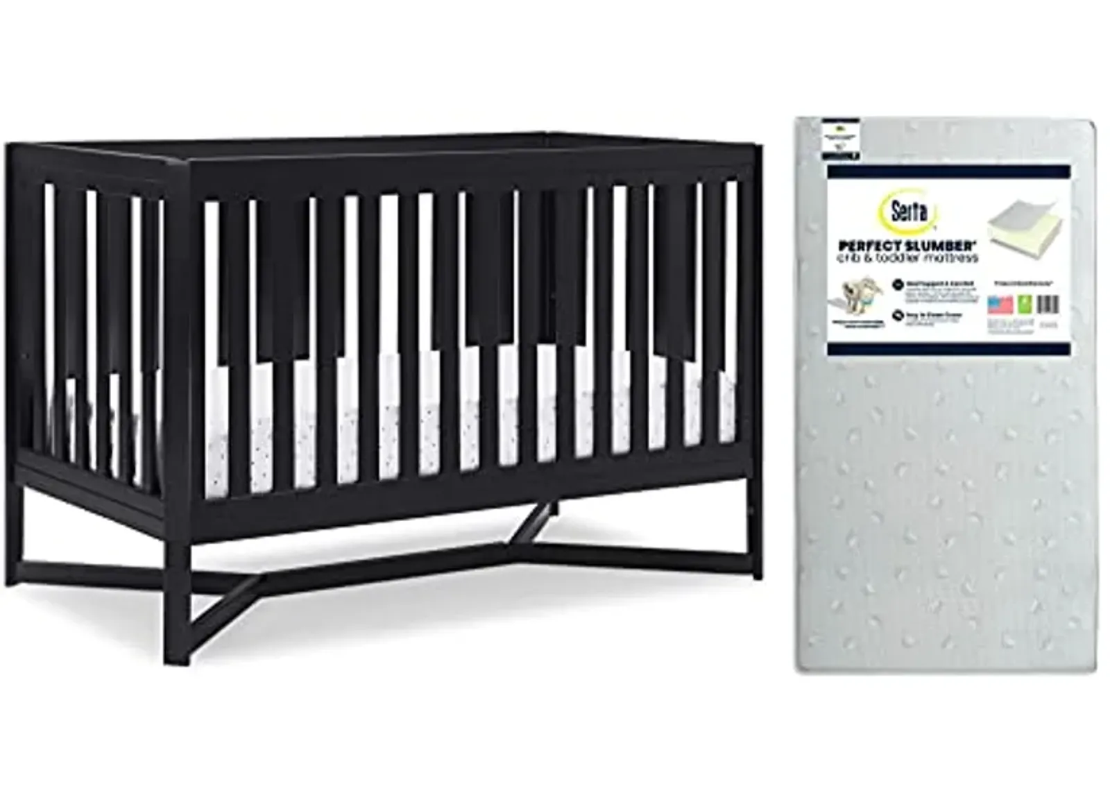 Delta Children Tribeca 4-in-1 Baby Convertible Crib + Serta Perfect Slumber Dual Sided Recycled Fiber Core Crib & Toddler Mattress - Waterproof, Hypoallergenic, GREENGUARD Gold Cert., Midnight Grey