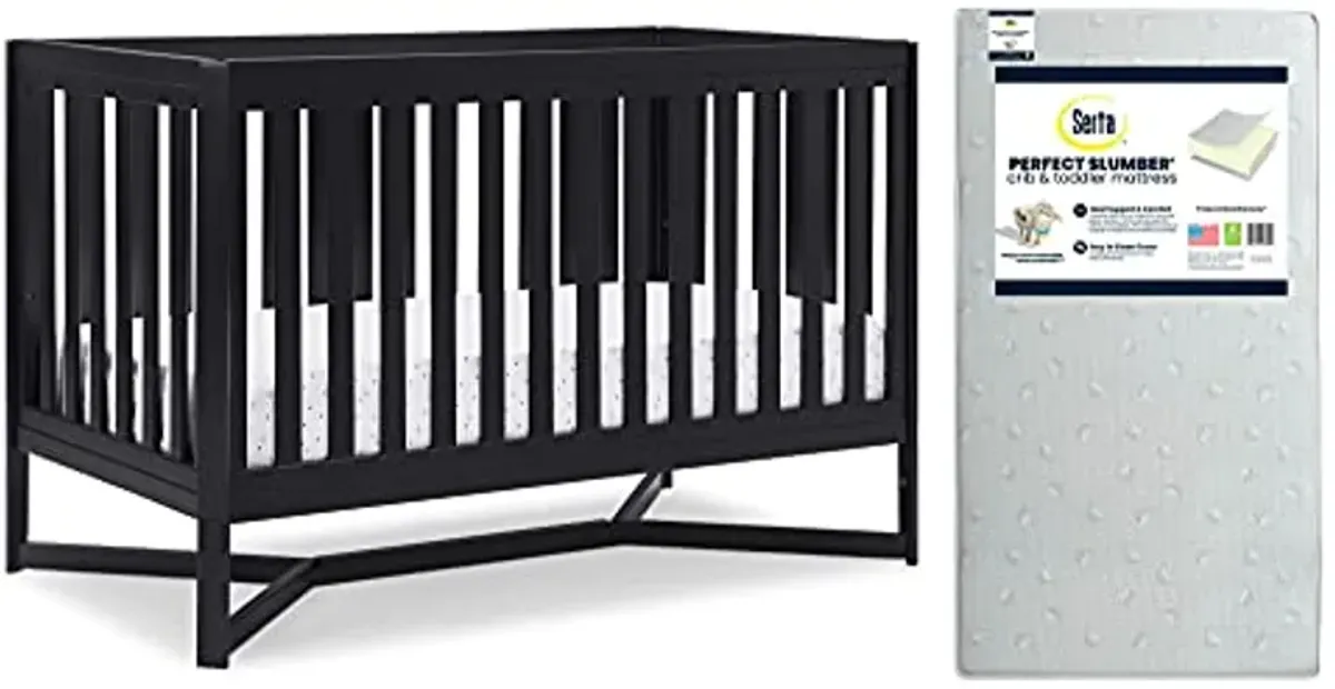 Delta Children Tribeca 4-in-1 Baby Convertible Crib + Serta Perfect Slumber Dual Sided Recycled Fiber Core Crib & Toddler Mattress - Waterproof, Hypoallergenic, GREENGUARD Gold Cert., Midnight Grey