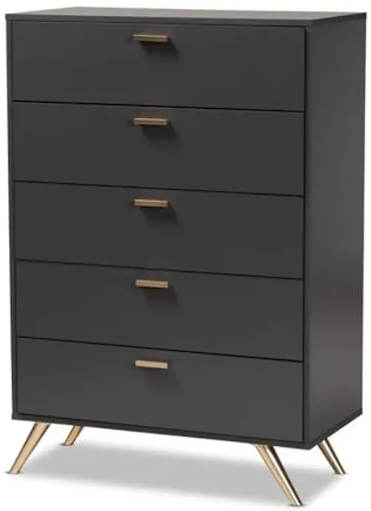 Baxton Studio Kelson Chest, 5-Drawer, Dark Grey/Gold