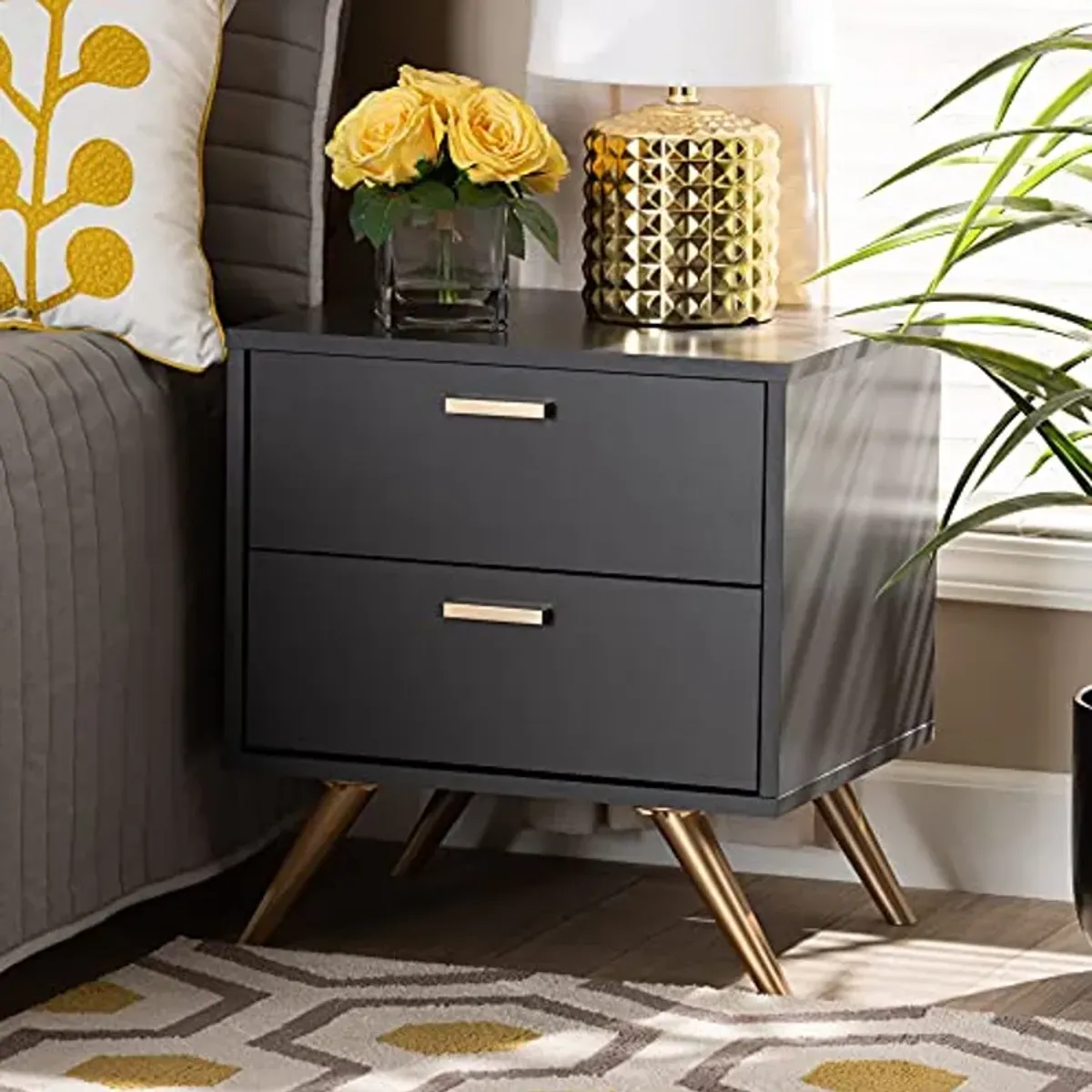 Baxton Studio Kelson Modern and Contemporary Dark Grey and Gold Finished Wood 2-Drawer Nightstand