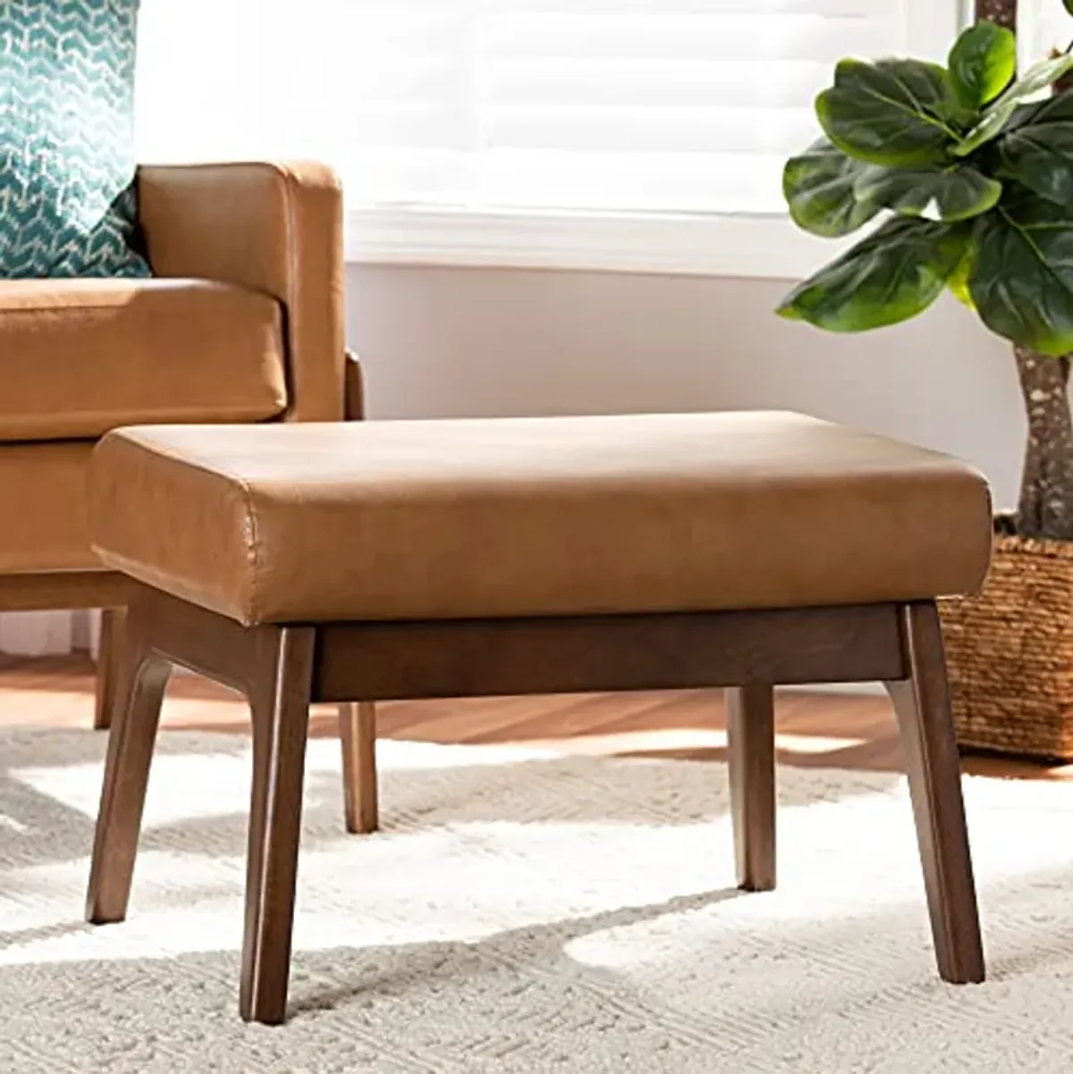 Baxton Studio Bianca Mid-Century Modern Walnut Brown Finished Wood and Tan Faux Leather Effect Ottoman