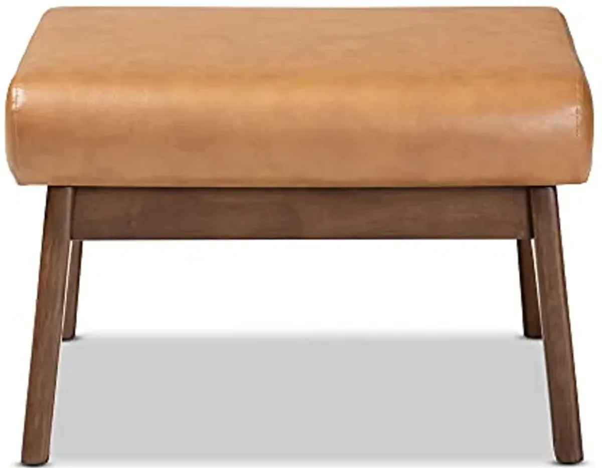 Baxton Studio Bianca Mid-Century Modern Walnut Brown Finished Wood and Tan Faux Leather Effect Ottoman