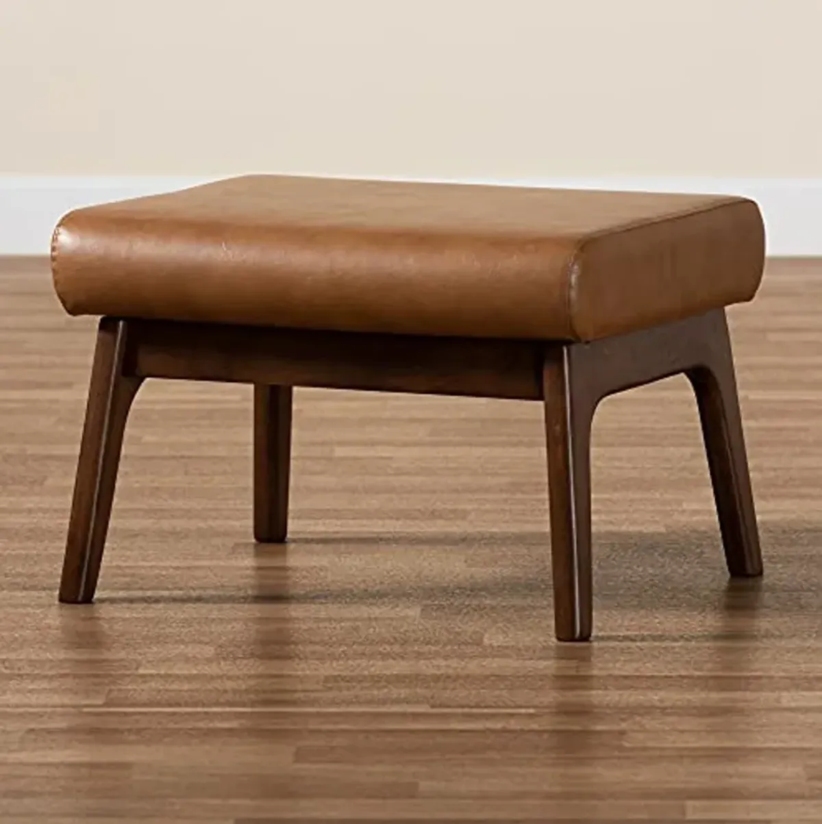 Baxton Studio Bianca Mid-Century Modern Walnut Brown Finished Wood and Tan Faux Leather Effect Ottoman