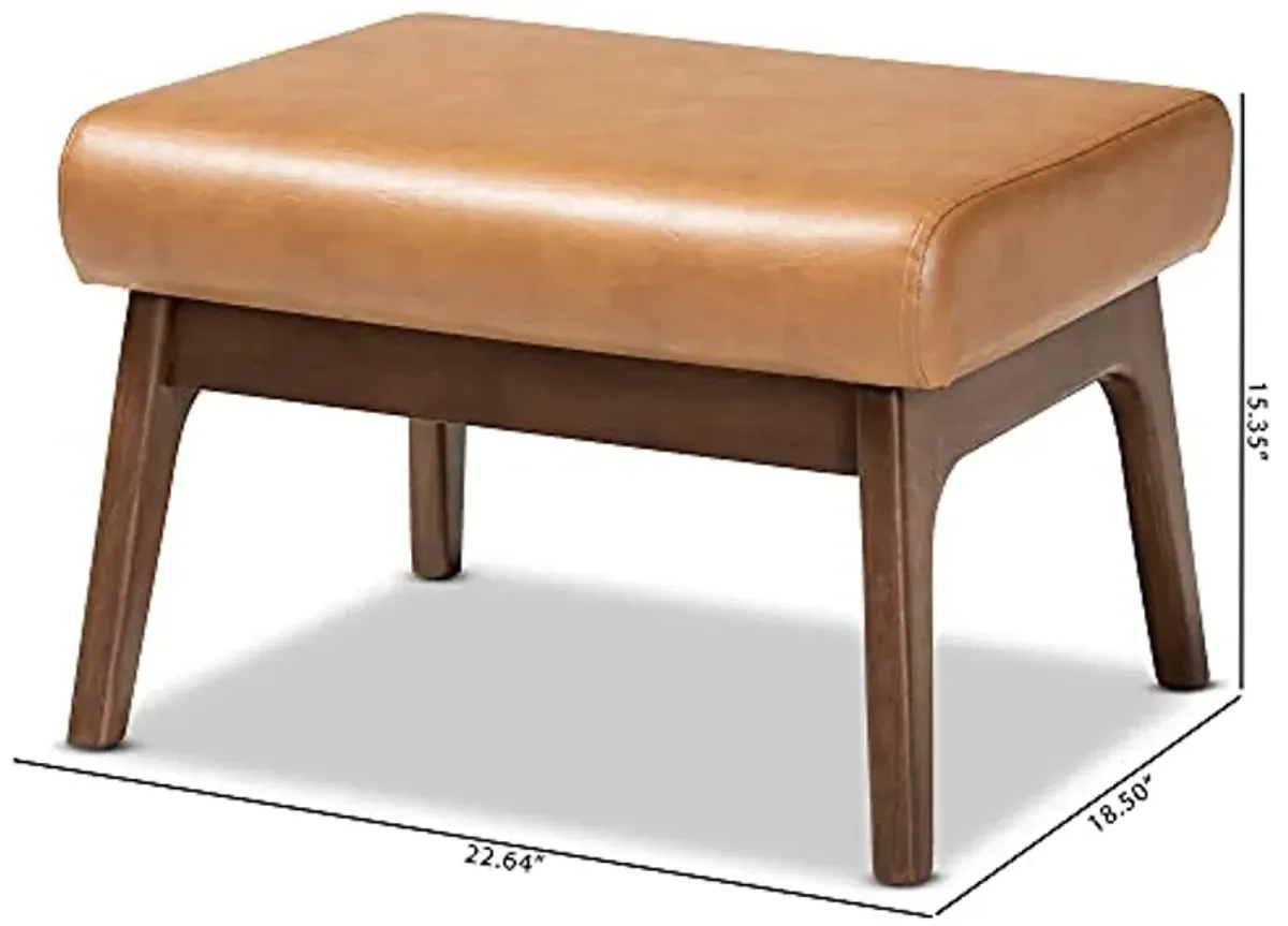 Baxton Studio Bianca Mid-Century Modern Walnut Brown Finished Wood and Tan Faux Leather Effect Ottoman