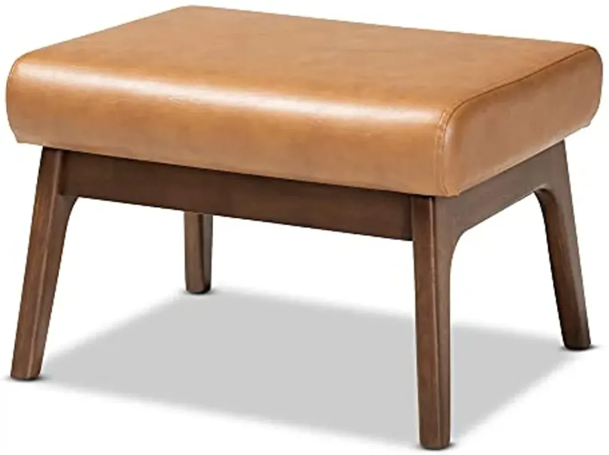 Baxton Studio Bianca Mid-Century Modern Walnut Brown Finished Wood and Tan Faux Leather Effect Ottoman