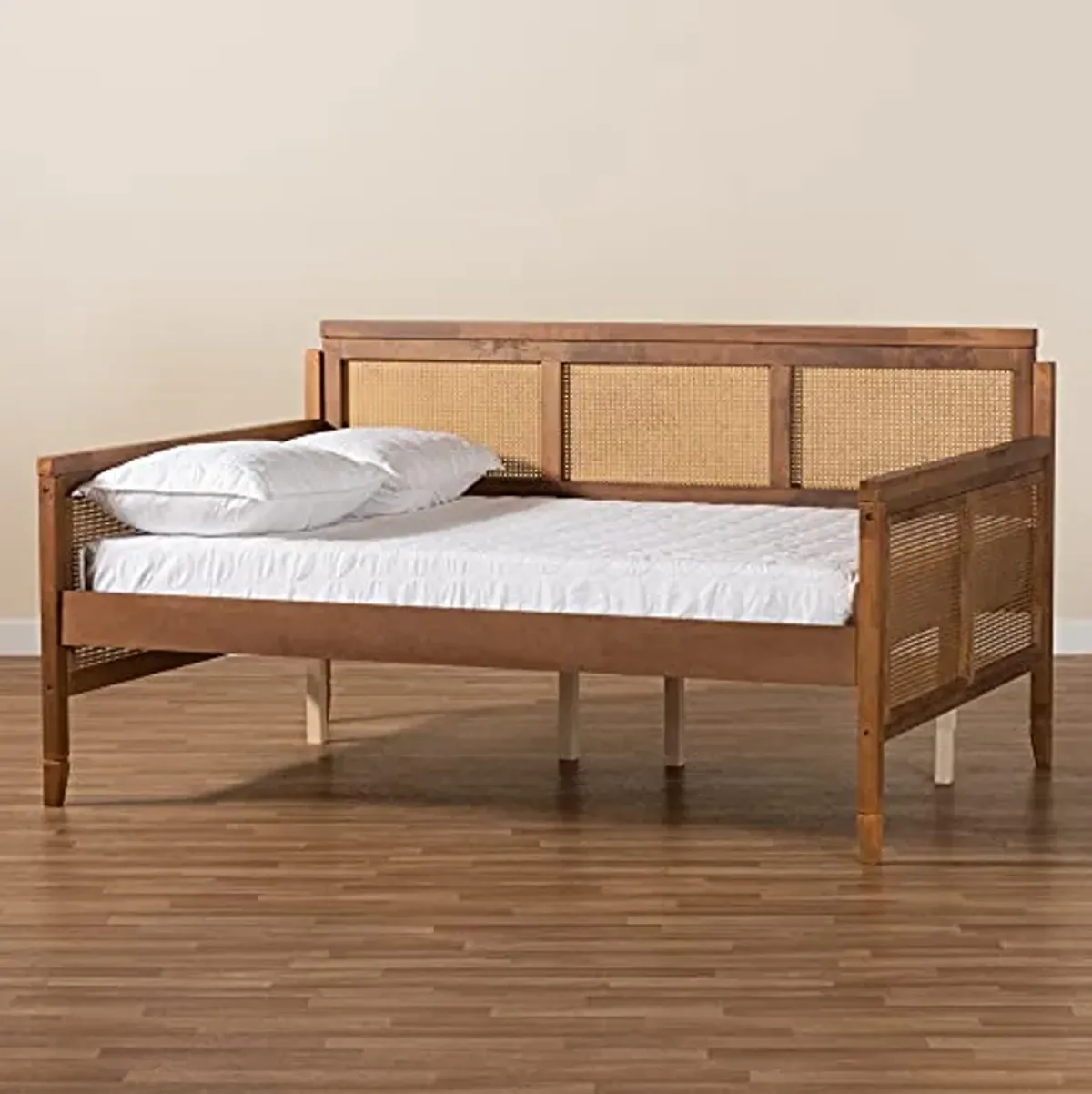 Baxton Studio Toveli Vintage French Inspired Ash Walnut Finished Wood and Synthetic Rattan Full Size Daybed