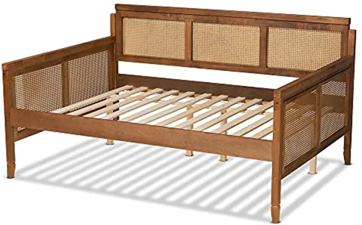 Baxton Studio Toveli Vintage French Inspired Ash Walnut Finished Wood and Synthetic Rattan Full Size Daybed