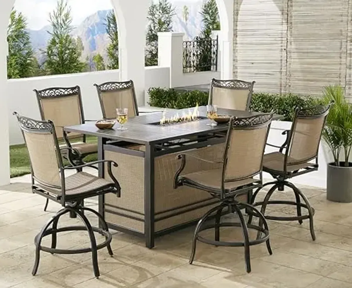 Hanover Fontana 7-Piece Outdoor High-Dining Fire Patio Set, 6 Sling Swivel Counter-Height Chairs and Slat-Top Gas Fire Pit Aluminum Table, Brushed Bronze Finish, Rust-Resistant, All-Weather