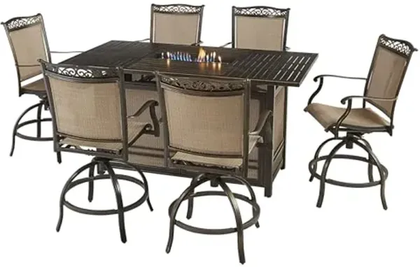 Hanover Fontana 7-Piece Outdoor High-Dining Fire Patio Set, 6 Sling Swivel Counter-Height Chairs and Slat-Top Gas Fire Pit Aluminum Table, Brushed Bronze Finish, Rust-Resistant, All-Weather