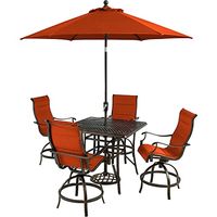 Hanover Traditions 5-Piece Outdoor High Dining Patio Set, 4 Counter-Height Padded Sling Swivel Chairs, 42" Square Cast Aluminum Table, 9' Umbrella, and Umbrella Base, Brushed Bronze Finish