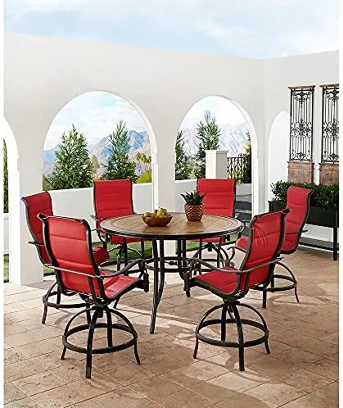 Hanover Monaco 7-Piece Outdoor High Dining Patio Set, 6 Counter-Height Padded Sling Swivel Chairs and 56" Round Tile Table, Brushed Bronze Finish, Rust-Resistant, All-Weather