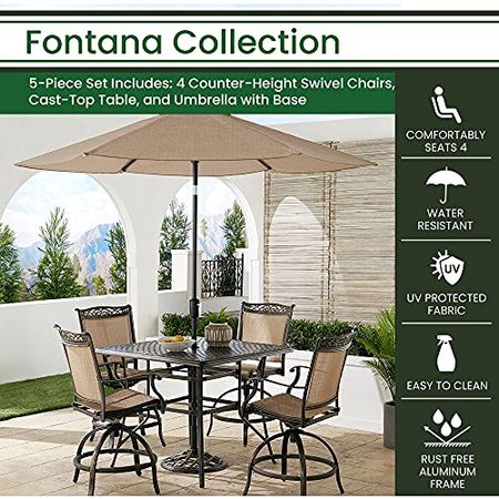 Hanover Fontana 5-Piece Outdoor High-Dining Patio Set, 4 Sling Swivel Counter-Height Chairs, 42" Square Cast Aluminum Table, 9' Umbrella, and Umbrella Base, Brushed Bronze Finish, Rust-Resistant
