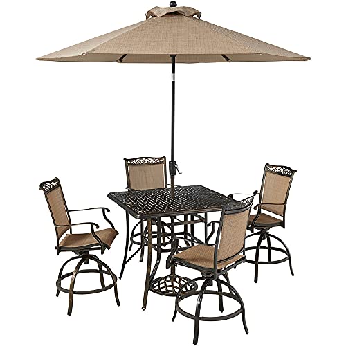 Hanover Fontana 5-Piece Outdoor High-Dining Patio Set, 4 Sling Swivel Counter-Height Chairs, 42" Square Cast Aluminum Table, 9' Umbrella, and Umbrella Base, Brushed Bronze Finish, Rust-Resistant