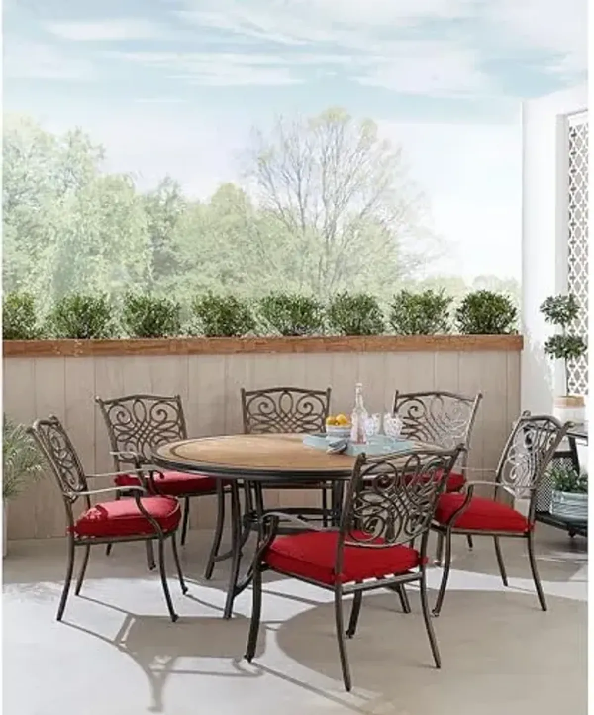 Hanover Monaco 7-Piece Outdoor Dining Set, 6 Cushioned Stationary Chairs and 60" Round Tile Table, Brushed Bronze Finish, Rust-Resistant, All-Weather Patio Dining Set for 6 for Backyard, Deck, Porch