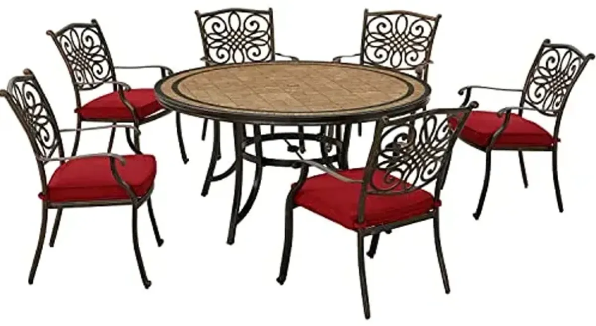 Hanover Monaco 7-Piece Outdoor Dining Set, 6 Cushioned Stationary Chairs and 60" Round Tile Table, Brushed Bronze Finish, Rust-Resistant, All-Weather Patio Dining Set for 6 for Backyard, Deck, Porch