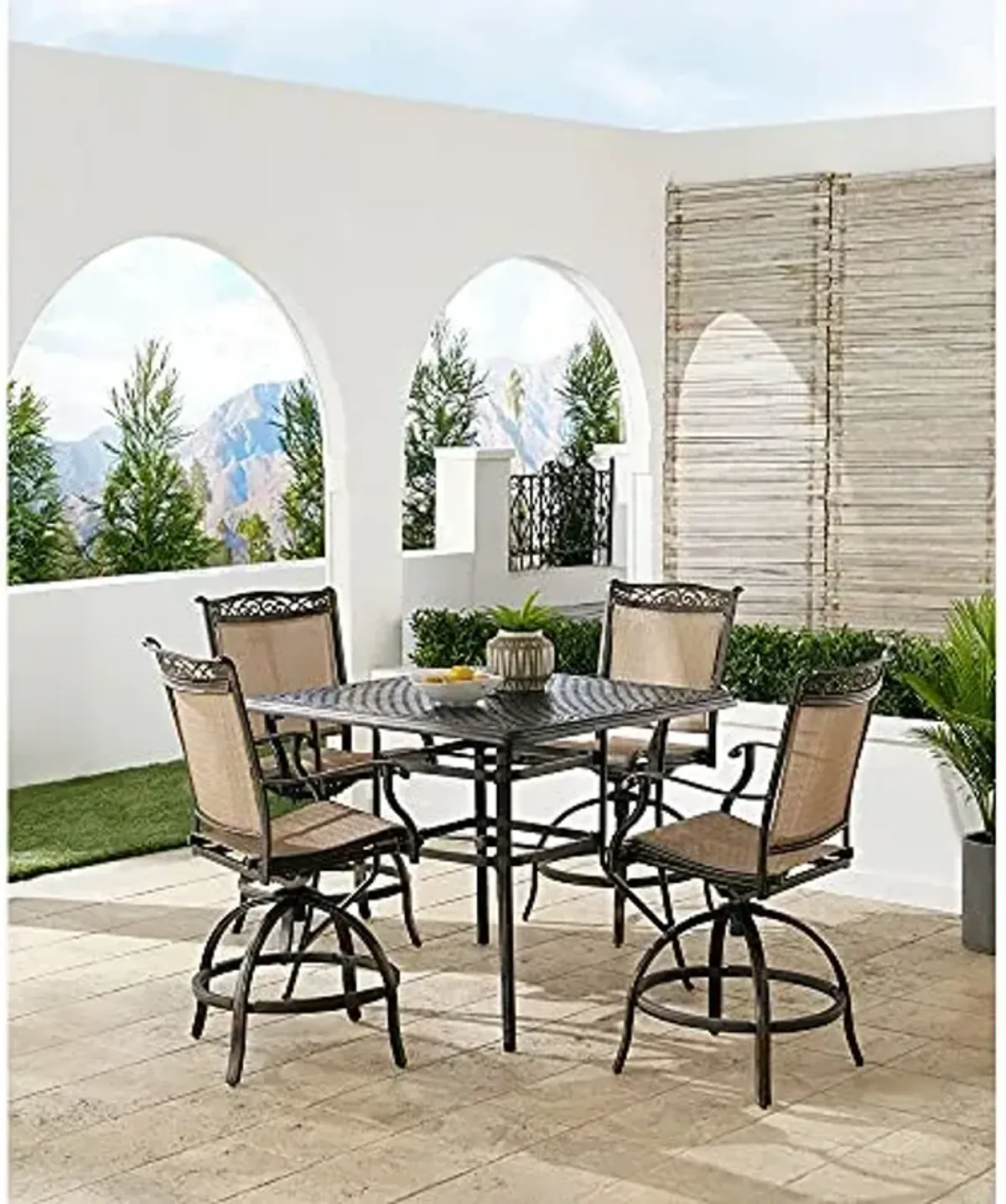 Hanover Fontana 5-Piece Outdoor High-Dining Patio Set, 4 Sling Swivel Counter-Height Chairs and 42" Square Cast Aluminum Table, Brushed Bronze Finish, Rust-Resistant, All-Weather