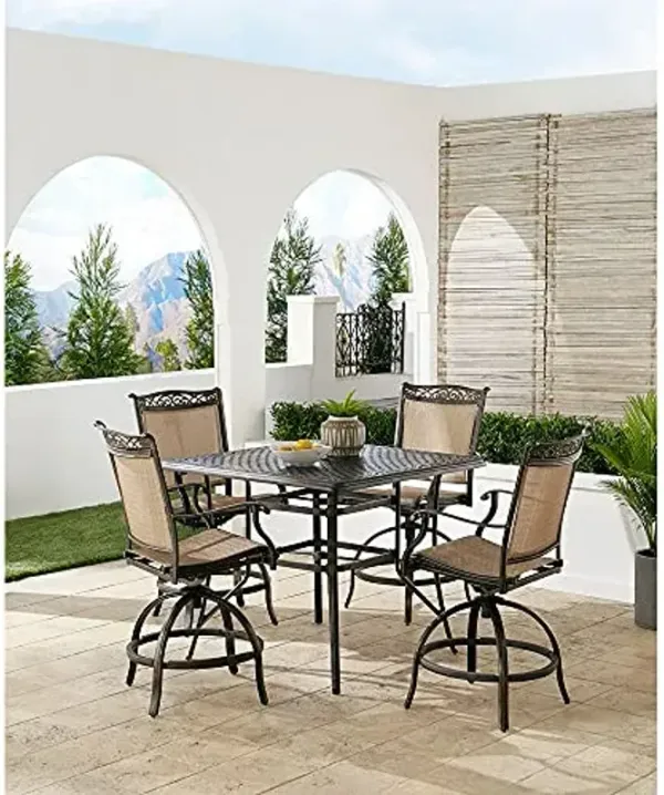 Hanover Fontana 5-Piece Outdoor High-Dining Patio Set, 4 Sling Swivel Counter-Height Chairs and 42" Square Cast Aluminum Table, Brushed Bronze Finish, Rust-Resistant, All-Weather