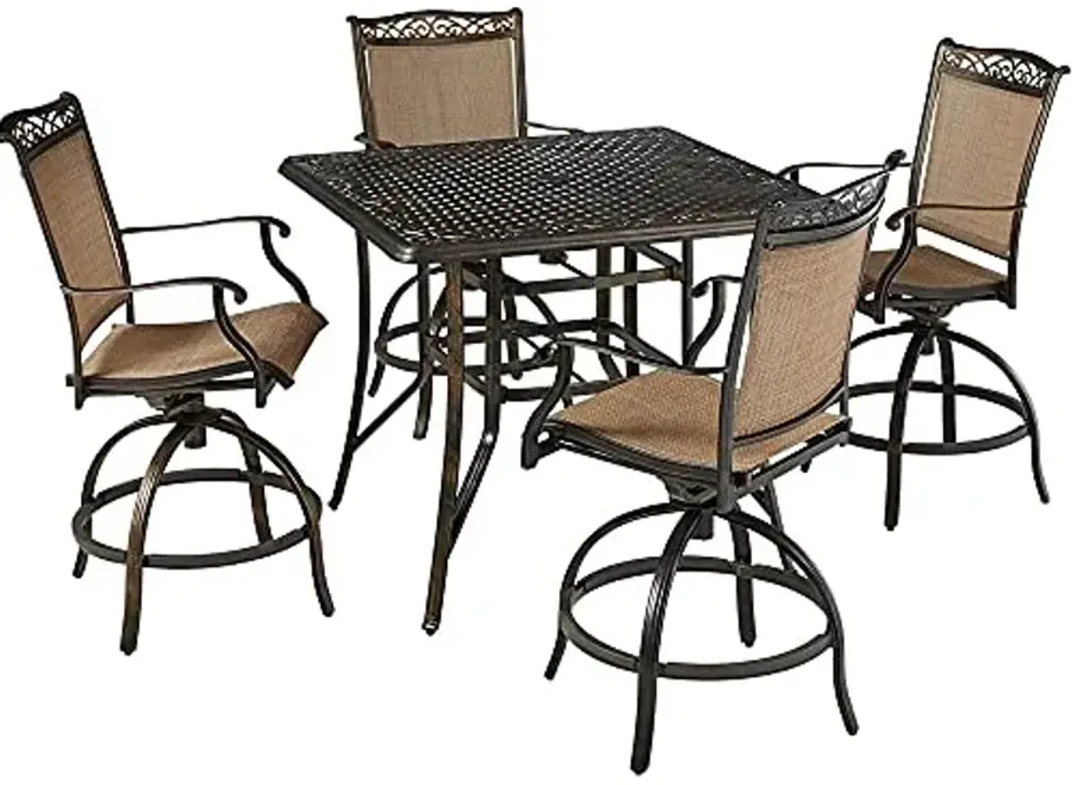 Hanover Fontana 5-Piece Outdoor High-Dining Patio Set, 4 Sling Swivel Counter-Height Chairs and 42" Square Cast Aluminum Table, Brushed Bronze Finish, Rust-Resistant, All-Weather