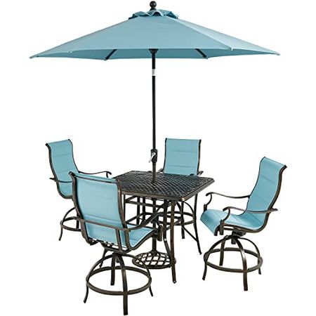 Hanover TRADDN5PCPDSQBR-SU-B Traditions 5-Piece High-Dining Set in Blue with 4 Swivel Counter-Height Chairs, 42-in. Table, and 9-ft Umbrella