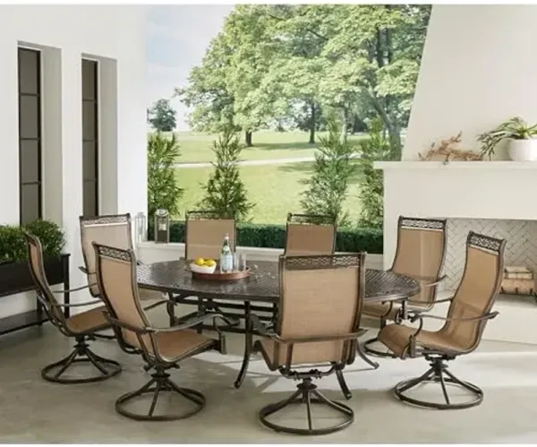 Hanover Manor 9-Piece Outdoor Patio Dining Set, 8 Sling Swivel Rocker Chairs and 95" x 60" Oval Cast Aluminum Table, Brushed Bronze Finish, Rust-Resistant, All-Weather