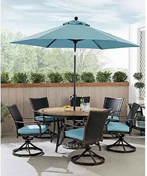 Hanover Monaco 7-Piece Outdoor Patio Dining Set, 6 Cushioned Wicker Back Swivel Rocker Chairs, 60" Round Tile Table, 9' Umbrella, and Umbrella Base, Brushed Bronze Finish, Rust-Resistant