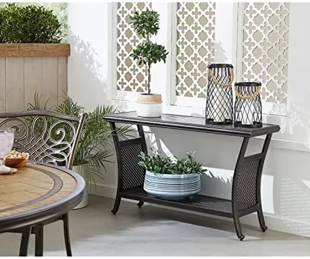 Hanover Traditions Outdoor Table, 50" Slat Top Console Table with 2 Shelves, Rust-Resistant All-Weather Patio Table with Brushed Bronze Finish, Perfect for Storage and Display Space or Bar Set Up