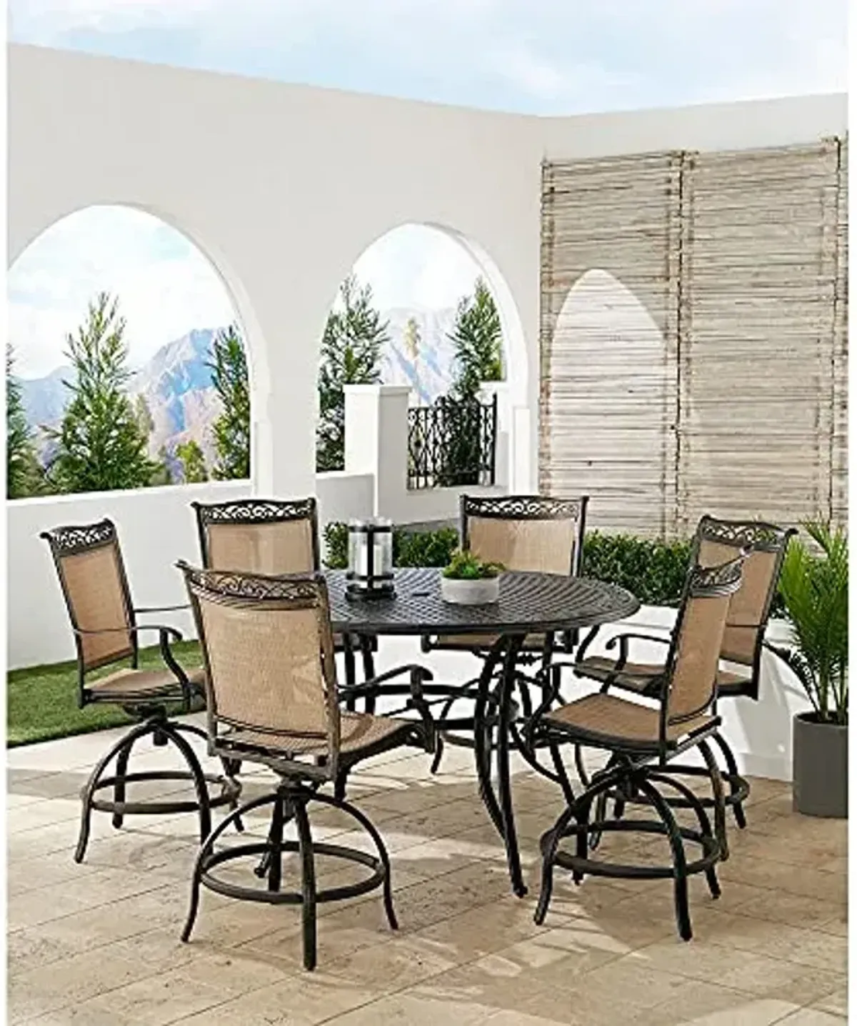 Hanover Fontana 7-Piece Outdoor High-Dining Patio Set, 6 Sling Swivel Counter-Height Chairs and 60" Round Cast Aluminum Table, Brushed Bronze Finish, Rust-Resistant, All-Weather, Tan