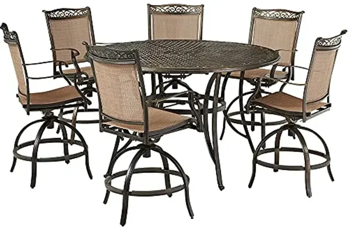 Hanover Fontana 7-Piece Outdoor High-Dining Patio Set, 6 Sling Swivel Counter-Height Chairs and 60" Round Cast Aluminum Table, Brushed Bronze Finish, Rust-Resistant, All-Weather, Tan