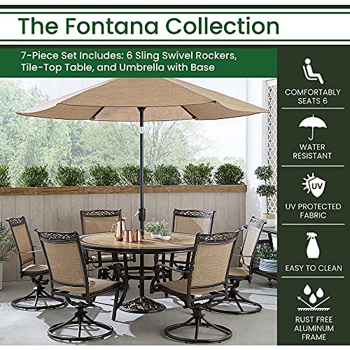 Hanover Fontana 7Piece Outdoor Patio Dining Set, 6 Sling Swivel Rocker Chairs, 60" Round Tile