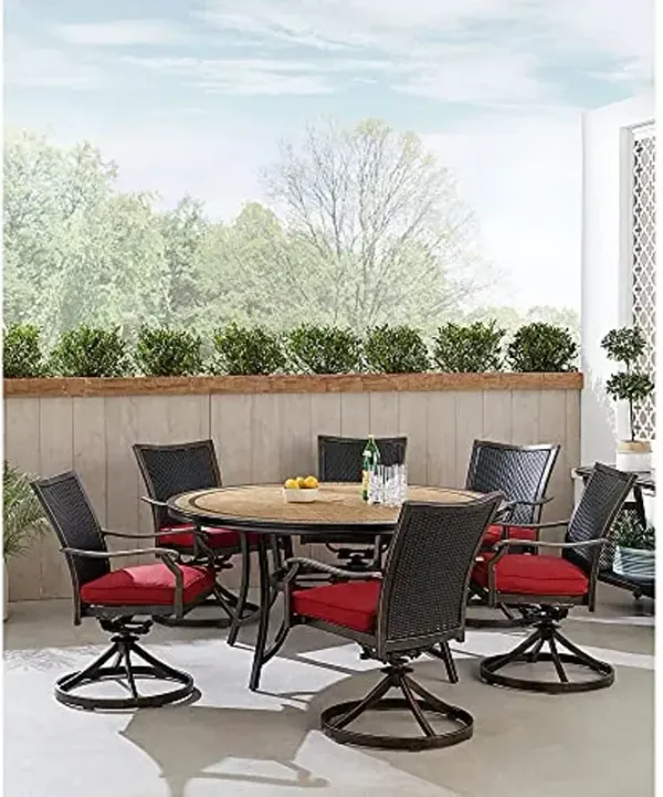 Hanover Monaco 7-Piece Outdoor Patio Dining Set, 6 Cushioned Wicker Back Swivel Rocker Chairs and 60" Round Tile Table, Brushed Bronze Finish, Rust-Resistant, All-Weather - MONDNWB7PCSW6RDTL-RED