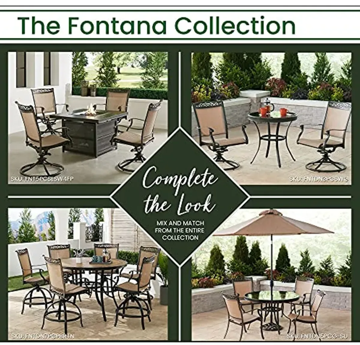 Hanover Fontana 7-Piece Outdoor High-Dining Patio Set, 6 Sling Swivel Counter-Height Chairs and 56" Round Tile-Top Table, Brushed Bronze Finish, Rust-Resistant, All-Weather - FNTDN7PCPBRTN