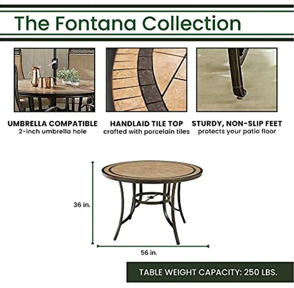 Hanover Fontana 7-Piece Outdoor High-Dining Patio Set, 6 Sling Swivel Counter-Height Chairs and 56" Round Tile-Top Table, Brushed Bronze Finish, Rust-Resistant, All-Weather - FNTDN7PCPBRTN