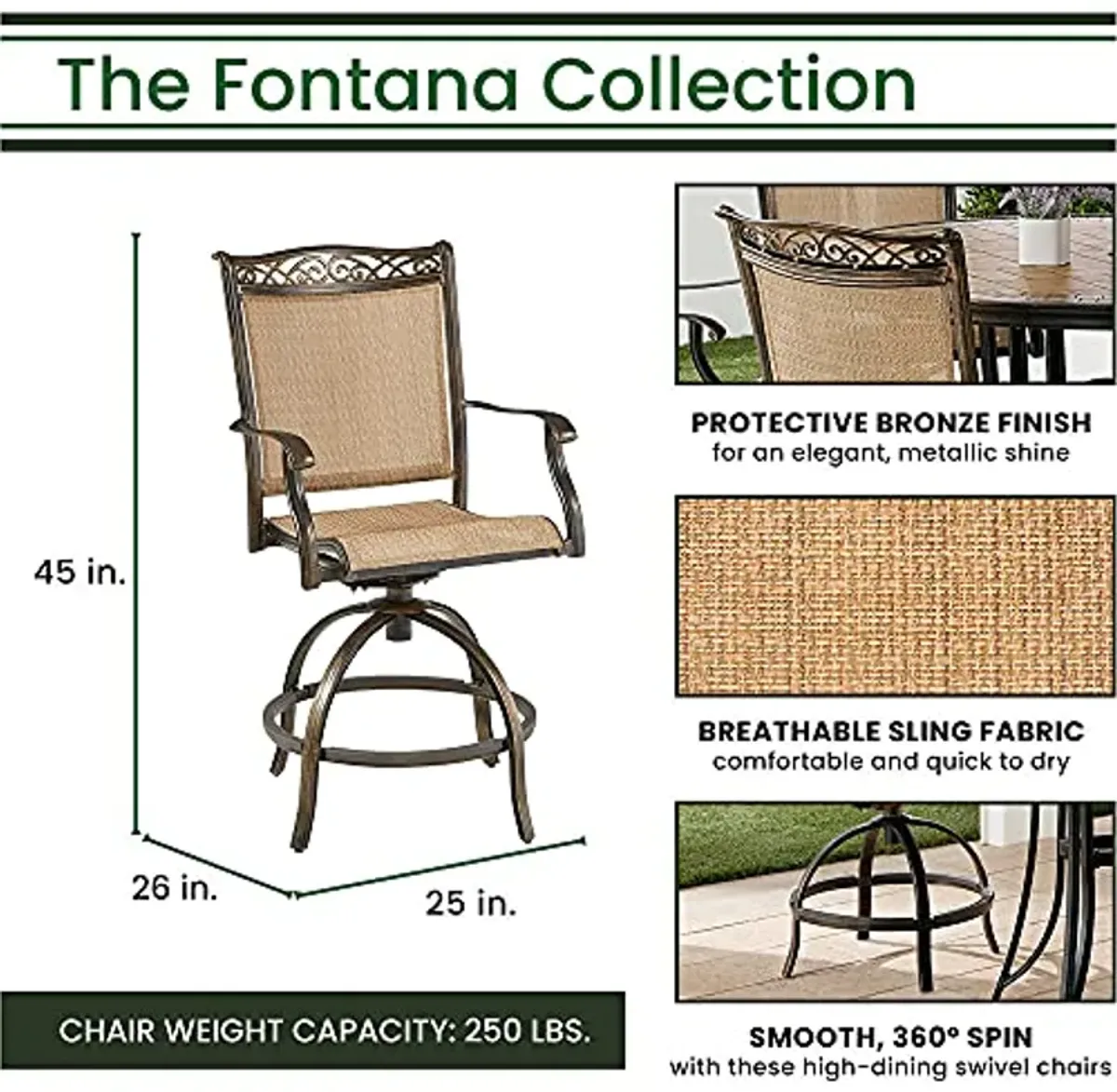 Hanover Fontana 7-Piece Outdoor High-Dining Patio Set, 6 Sling Swivel Counter-Height Chairs and 56" Round Tile-Top Table, Brushed Bronze Finish, Rust-Resistant, All-Weather - FNTDN7PCPBRTN